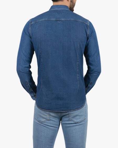پیراهن جین مردانه‌ آستین بلند - آبی نفتی - پشت