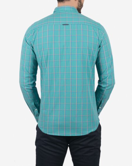 پیراهن آستین بلند فیروزه‌ ای چهارخانه مردانه - سبز آبی روشن - پشت