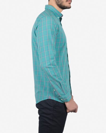 پیراهن آستین بلند فیروزه‌ ای چهارخانه مردانه - سبز آبی روشن - بغل