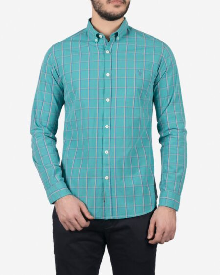 پیراهن آستین بلند فیروزه‌ ای چهارخانه مردانه - سبز آبی روشن - رو به‌ رو