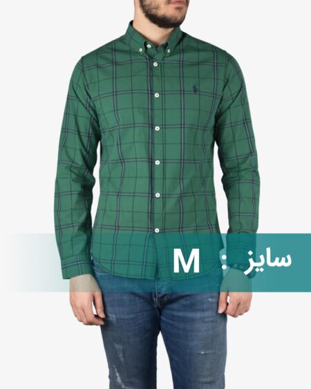 پیراهن آستین بلند چهارخانه‌ سبز مردانه (پوپلین)