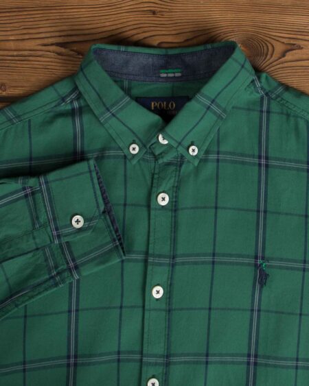 پیراهن آستین بلند چهارخانه‌ سبز مردانه - سبز - یقه