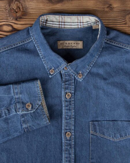 پیراهن مردانه جین جیب دار - آبی کاربنی - آستین یقه مردانه