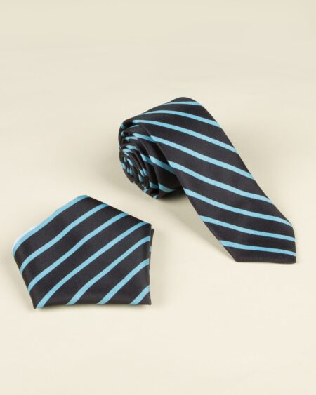 ست کراوات و دستمال جیب راه راه - آبی فیروزه ای