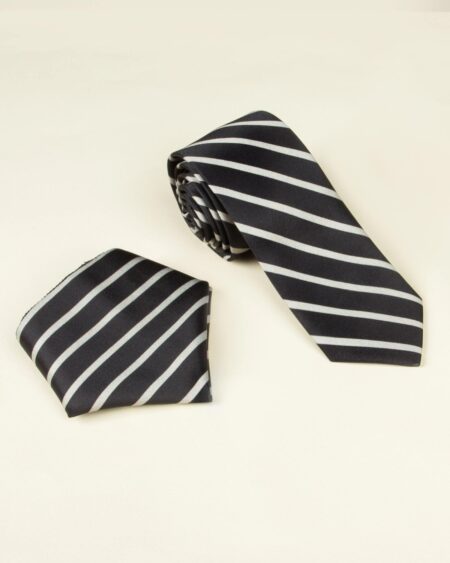 ست کراوات و دستمال جیب راه راه - مشکی