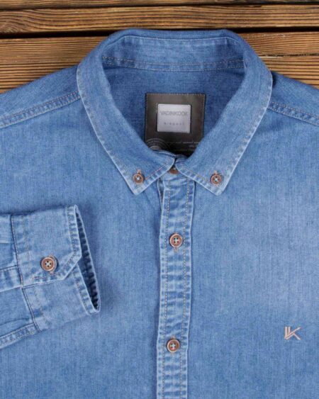 پیراهن جین آبی آستین بلند - آبی- یقه مردانه دکمه دار