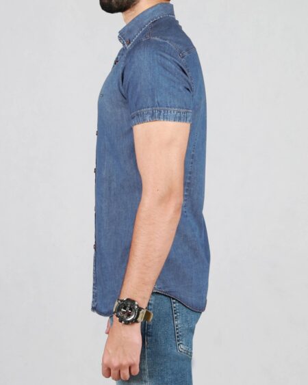 پیراهن جین آبی مردانه آستین کوتاه - آبی - بغل