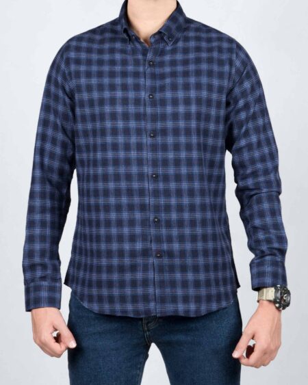 پیراهن پشمی چهارخانه اسپرت مردانه - آبی کاربنی - رو به رو