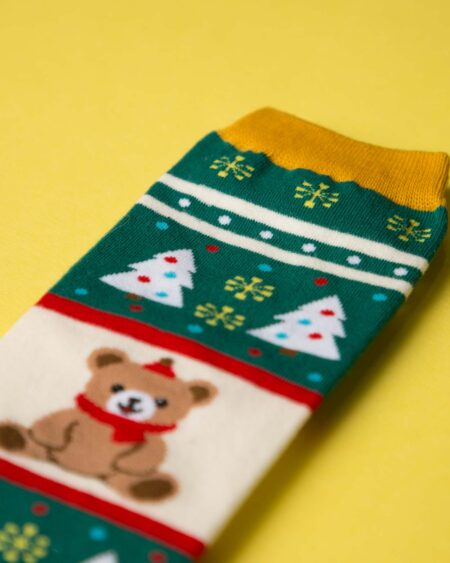 جوراب نخی خرس کریسمسی - سبز - خرس و کاج رنگی