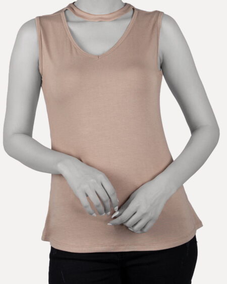 تاپ آستین حلقه ای زنانه با طوق دور گردن- خاکی- نمای روبرو