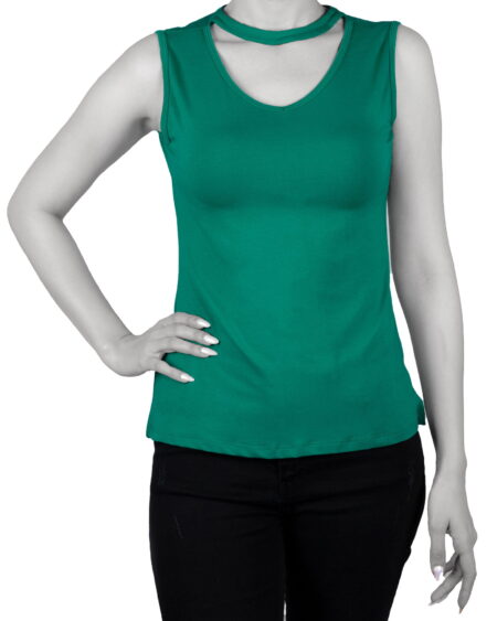 تاپ آستین حلقه ای زنانه با طوق دور گردن- سبزآبی- نمای روبرو