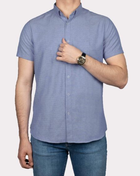 پیراهن آستین کوتاه مردانه نخی- آبی روشن- روبرو