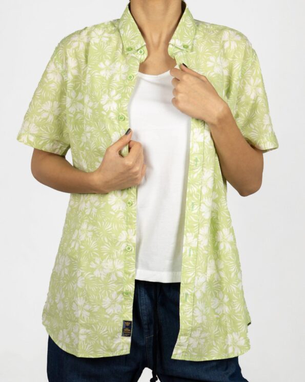 پیراهن آستین کوتاه زنانه طرح هاوایی- سبز شبرنگ- روبرو