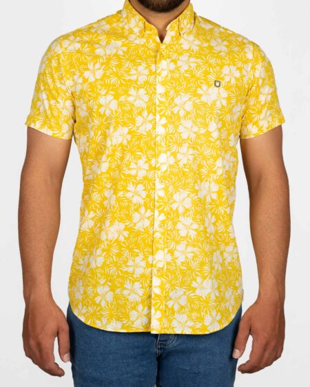 پیراهن مردانه طرح هاوایی- زرد- نمای روبرو