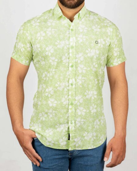 پیراهن مردانه طرح هاوایی- سبز شبرنگ- نمای روبرو